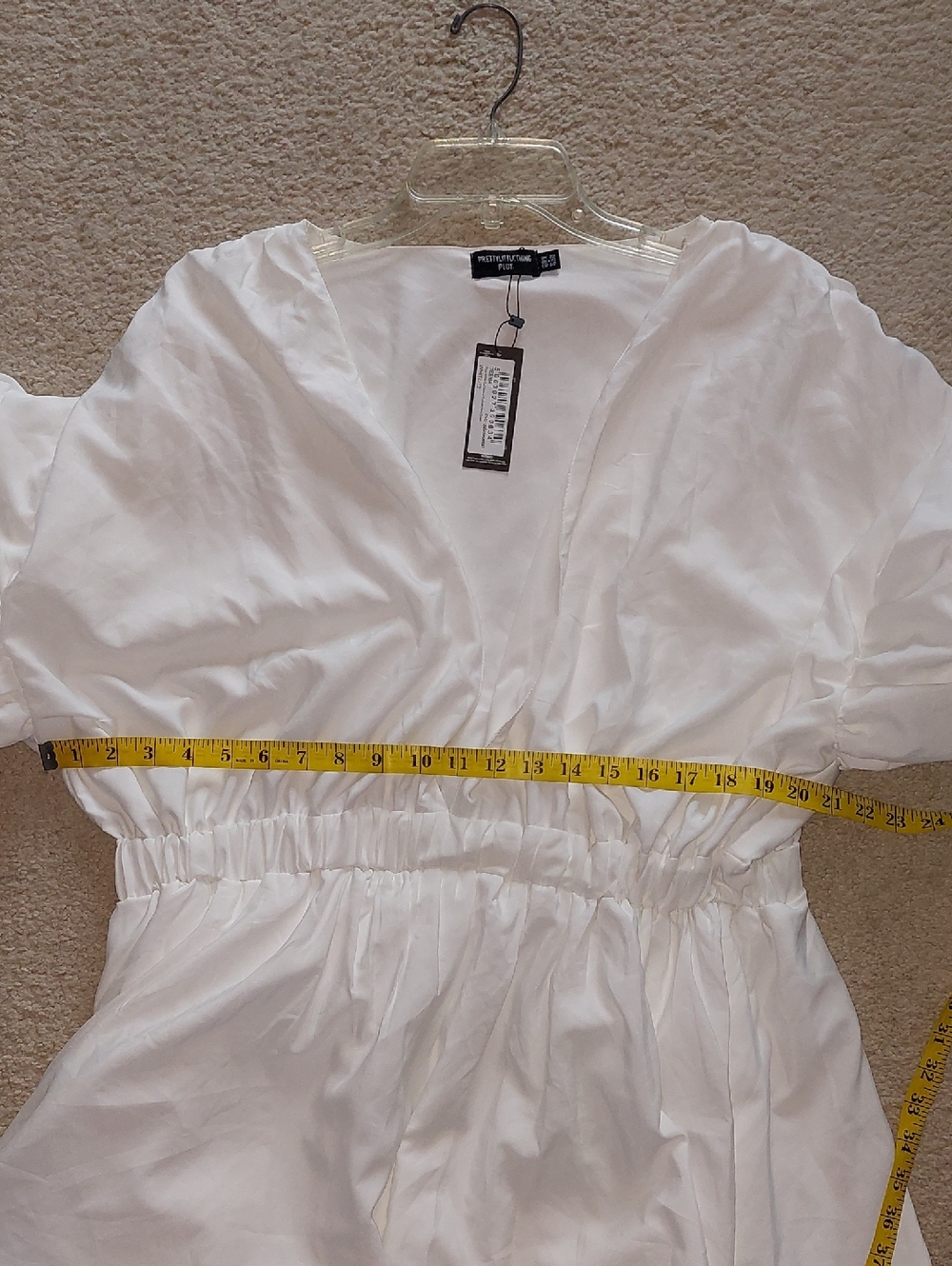 NWT PrettyLittleThing White Puff Sleeve Puffball Hem Shift Mini Dress Sz 18 - Picture 6 of 11